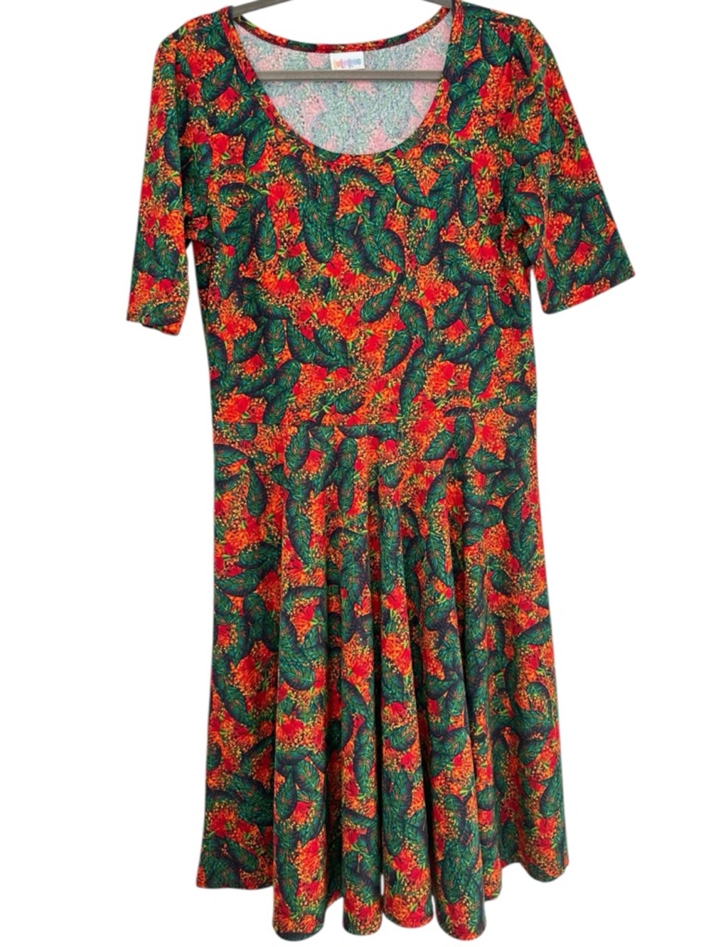 LuLaRoe Nicole Dress Scoop Neck Tropical Leaf Print Knee Length Half Sleeve 2XL